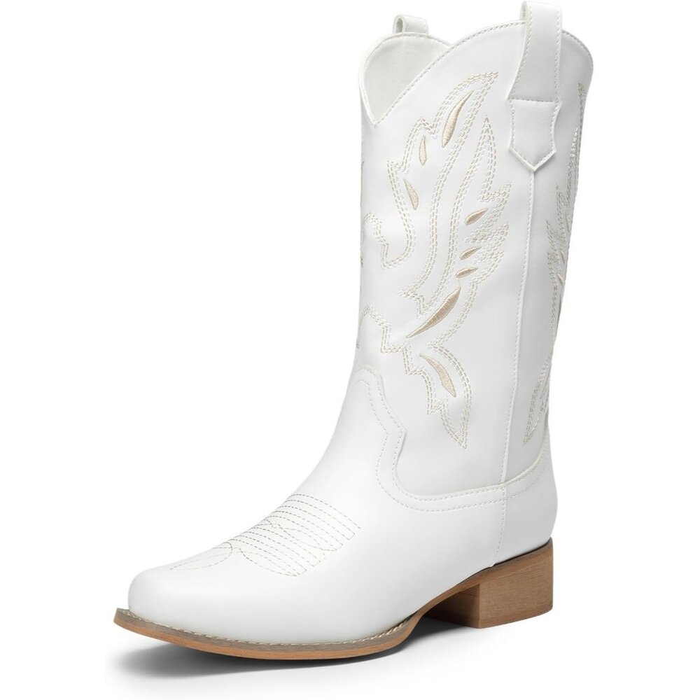 Dream Pairs Women's White Square Toe Cowgirl Boots Pull On Low Chunky Heel
